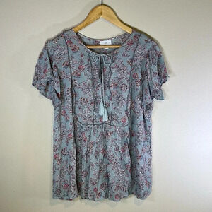 J Jill Flutter Sleeve Floral Print Blouse Size Medium Flirty Boho Breezy Summer